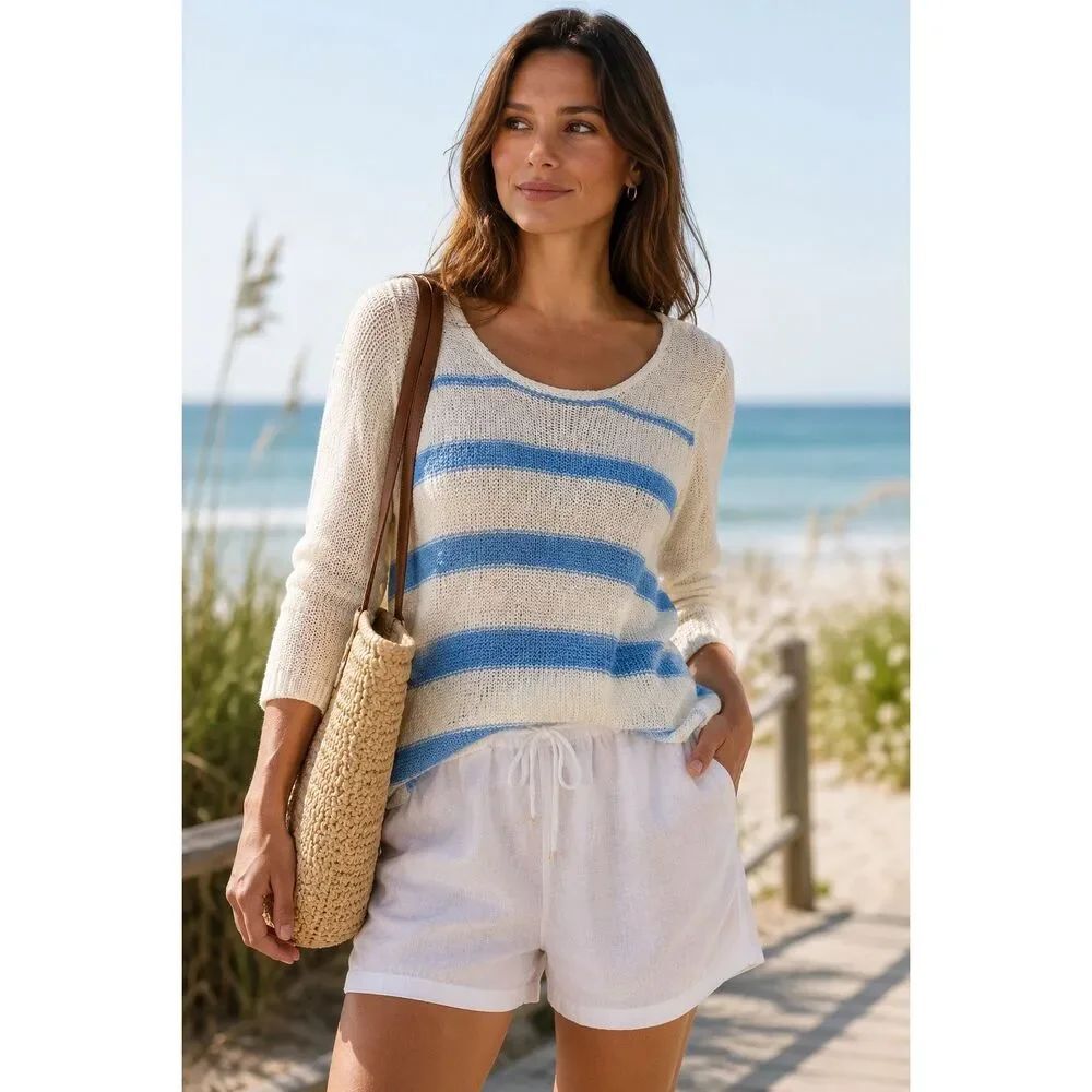 Calvin Klein Women’s Open Knit Sweater Size S Blue White Stripe 3/4 Sleeve Boho